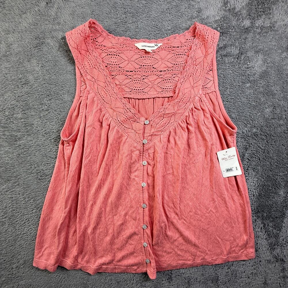 Lucky Brand Womens Medium Pink Lace Yoke Button Front Sleeveless Blouse NEW
